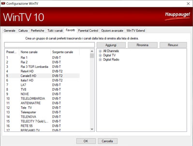 WinTV v10 Favoriti dei canali